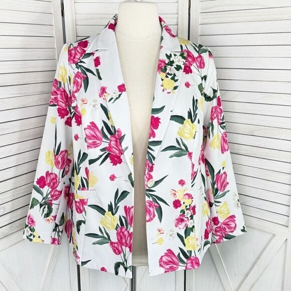 INC International Concepts Floral Print Blazer Jacket White Pink 1X Plus Size - Picture 1 of 16